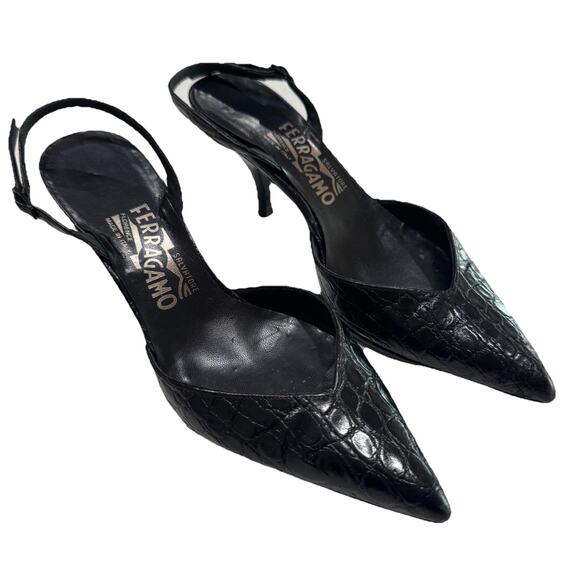 SALVATORE Ferragamo Black Leather Crocodile Trully Sling Back Heels Sz 6 W/ Box